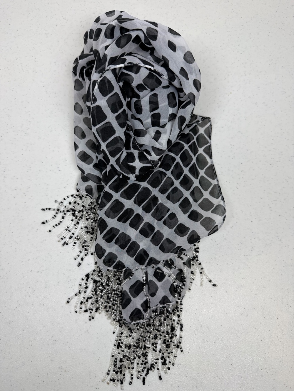 White House Black Market Vintage Black White Sheer Beaded Fringe Scarf